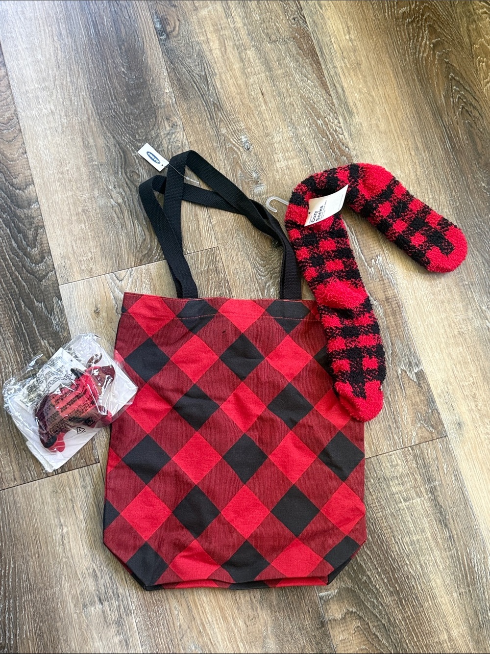 NWT- Red and Black Buffalo Plaid Tote Bag with Cozy Socks and Stuffed Bear